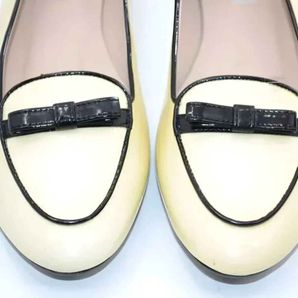 LK Bennet LKB Lemon Yellow Black Bow Cap Toe Patent Leather Shoes Loafers 39 8 - Picture 8 of 11